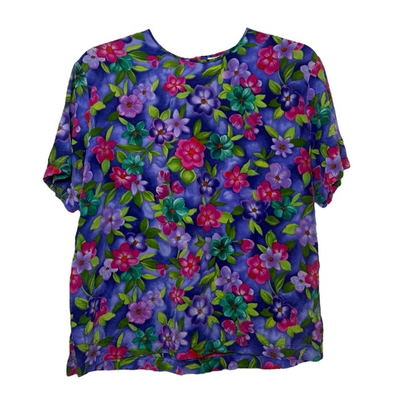 Vintage Tops - Vintage 90s Silk Floral Shirt Top Size 8 Petite Purple Pink